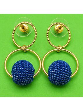 Vintage Gold Tone Blue Double Hoop Earrings Textured Bead Dangle Retro Statement